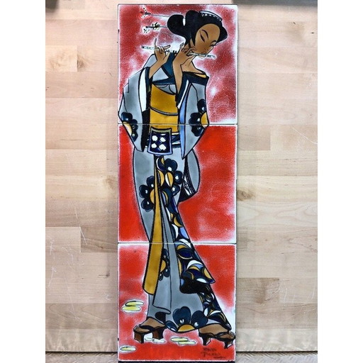 Pintura japonesa vintage de Atelier Picard Vallauris, 1960