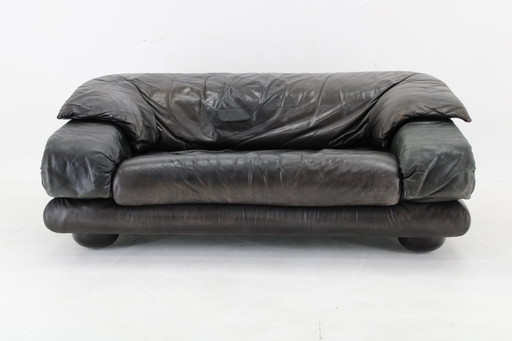 1970S Adjustable Wiener Werkstätte Brutalist Two-Seater Leather Sofa