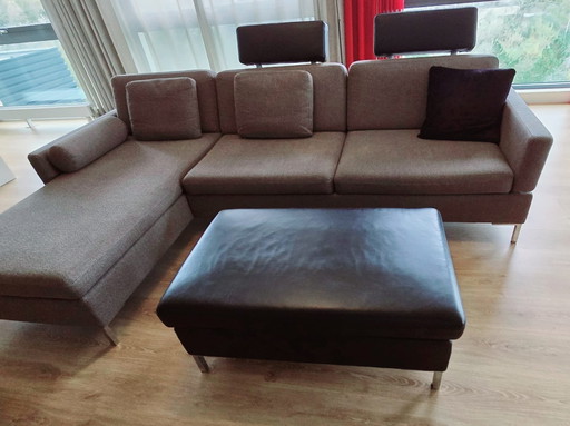 Brühl Sleeper Sofa With Chaise Longue, Leather Hocker, Headrests And Pillows.