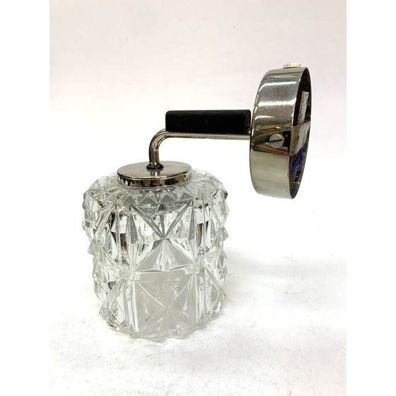Image 1 of Lampada da parete vintage in vetro con dettagli in nichel e legno, 1970