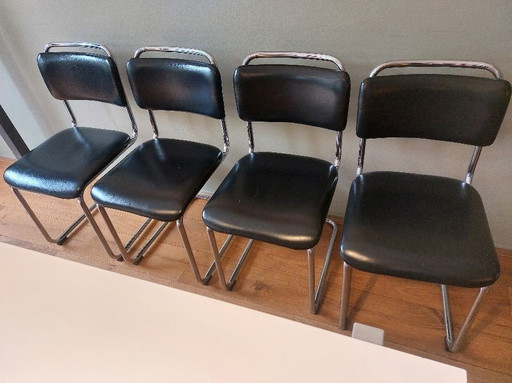 4x Gebr. van der Stroom Dutch Originals model Gispen 101 Chairs Black Leather