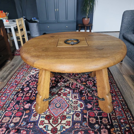 Brutalist Solid Oak Coffee Table With Iron Details De Puydt)