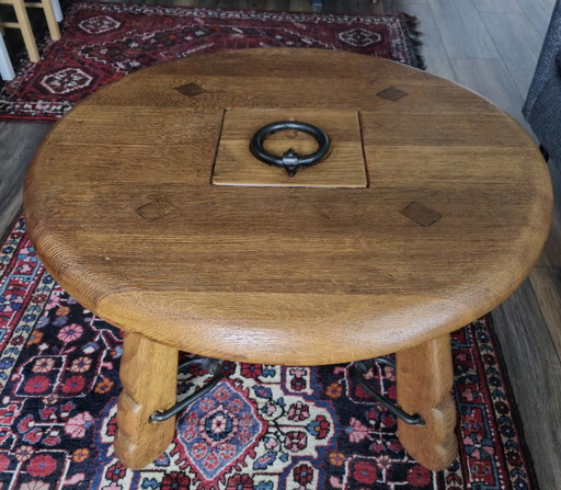 Brutalist Solid Oak Coffee Table With Iron Details De Puydt)