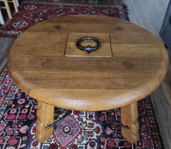 Image 1 of Brutalist Solid Oak Coffee Table With Iron Details De Puydt)