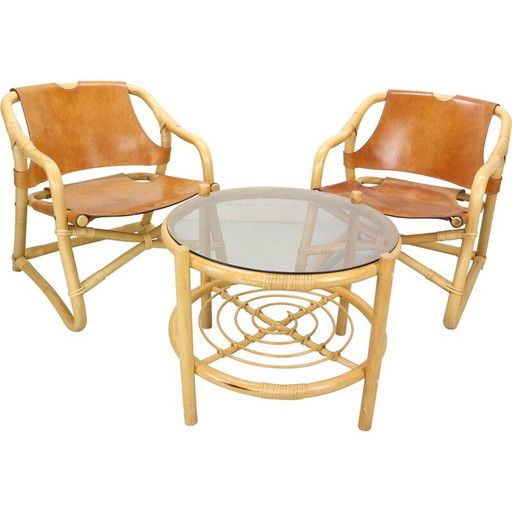 Vintage "Manilla" dining set in bamboo and saddle leather for Horsnæs Møbelfabrik, Denmark 1960