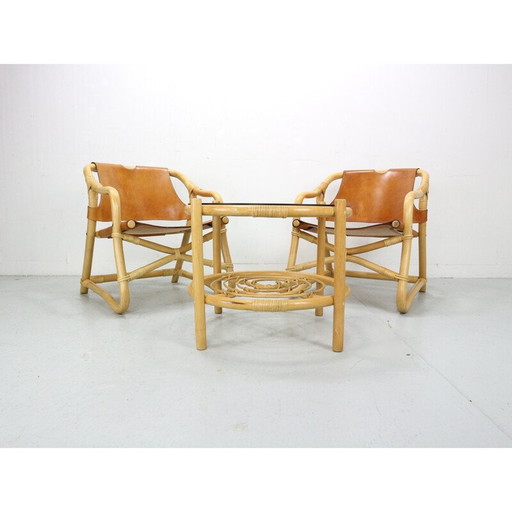 Vintage "Manilla" dining set in bamboo and saddle leather for Horsnæs Møbelfabrik, Denmark 1960