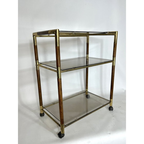 Image 1 of Vintage three-shelf brass and wood cart by Tommaso Barbi, Italy 1970