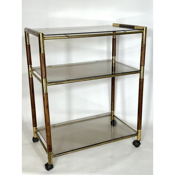 Image 1 of Vintage three-shelf brass and wood cart by Tommaso Barbi, Italy 1970