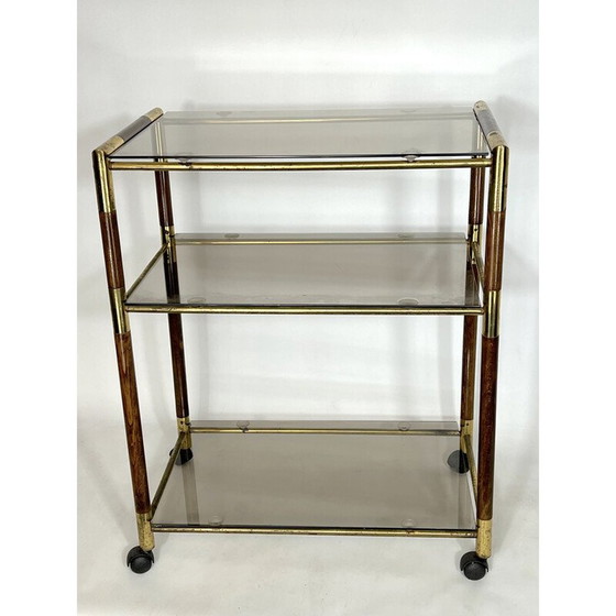 Image 1 of Vintage three-shelf brass and wood cart by Tommaso Barbi, Italy 1970