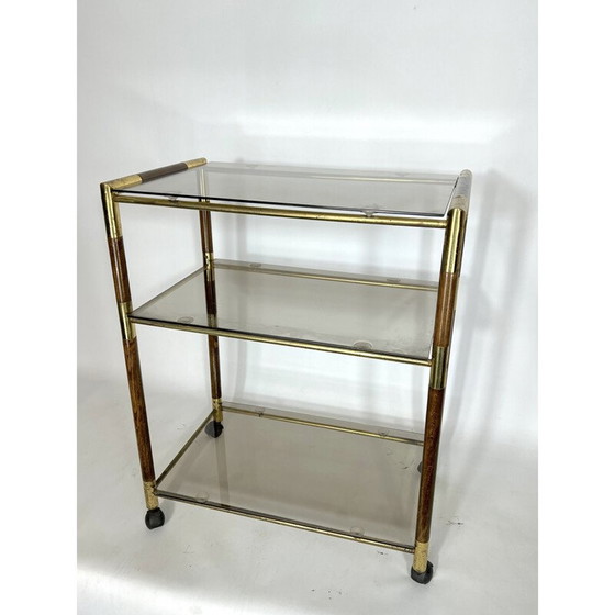 Image 1 of Vintage three-shelf brass and wood cart by Tommaso Barbi, Italy 1970