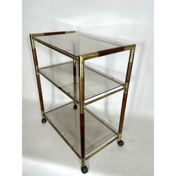 Image 1 of Vintage three-shelf brass and wood cart by Tommaso Barbi, Italy 1970