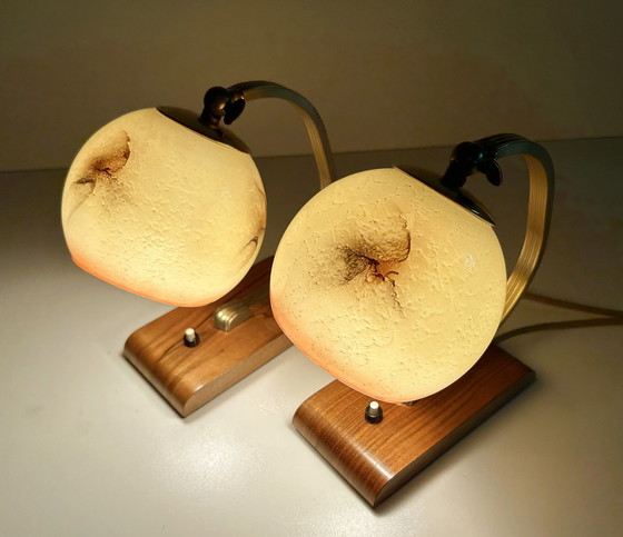 Image 1 of 2X Art Deco Glass Wood Table Lamps