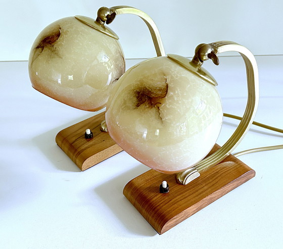 Image 1 of 2X Art Deco Glass Wood Table Lamps