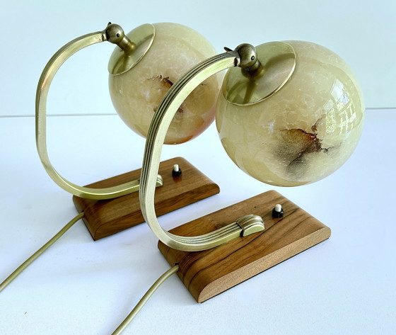 Image 1 of 2X Art Deco Glass Wood Table Lamps