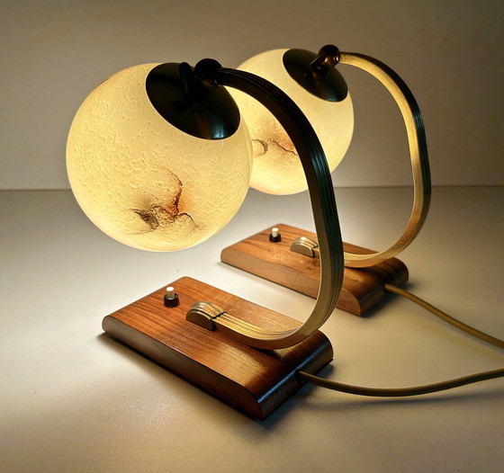 Image 1 of 2X Art Deco Glass Wood Table Lamps