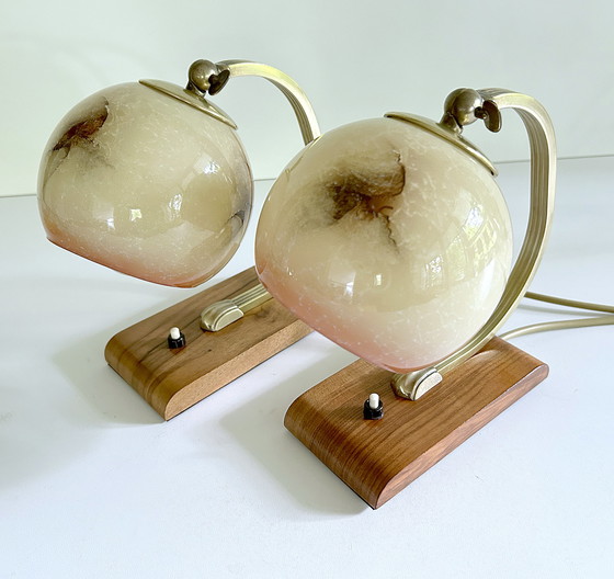 Image 1 of 2X Art Deco Glass Wood Table Lamps