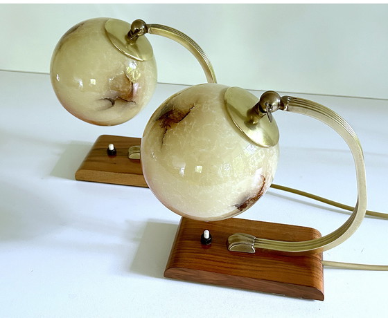 Image 1 of 2X Art Deco Glass Wood Table Lamps