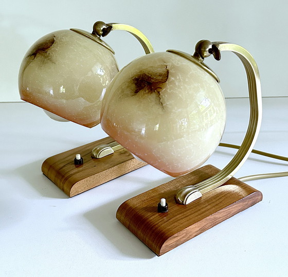 Image 1 of 2X Art Deco Glass Wood Table Lamps