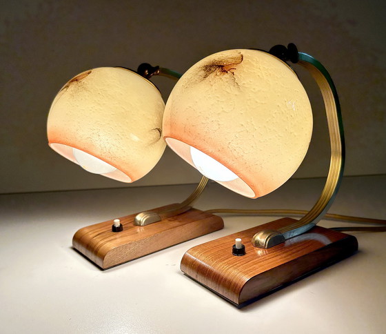 Image 1 of 2X Art Deco Glass Wood Table Lamps