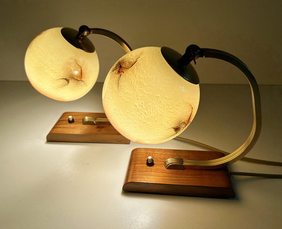 Image 1 of 2X Art Deco Glass Wood Table Lamps