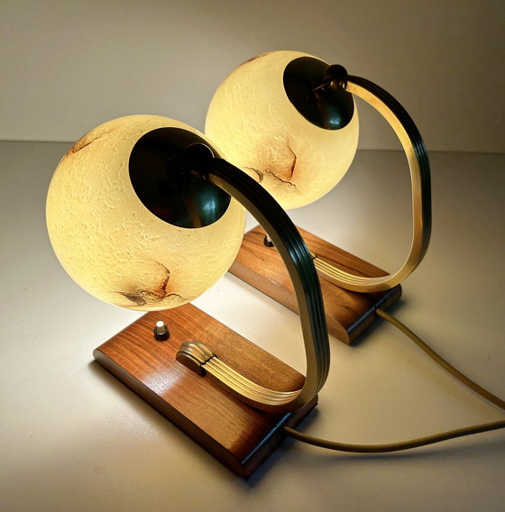 Image 1 of 2X Art Deco Glass Wood Table Lamps