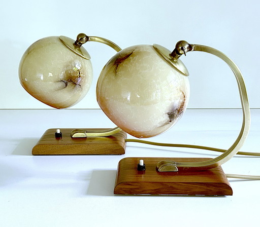 2X Art Deco Glass Wood Table Lamps