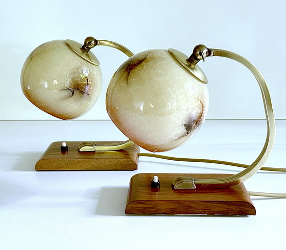 Image 1 of 2X Art Deco Glass Wood Table Lamps