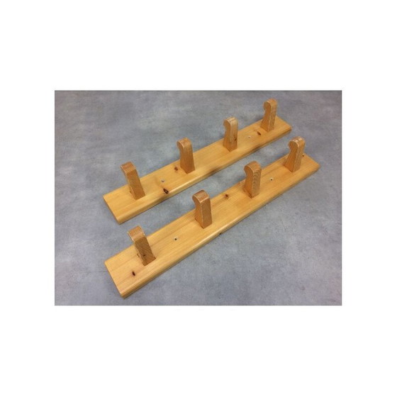 Image 1 of Pair of vintage pine wall coat racks with 4 hooks