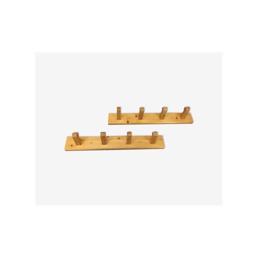 Pair of vintage pine wall coat racks with 4 hooks