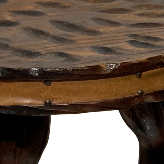 Image 1 of Brutalist Oak Tripod Wabi Sabi Stool With Leather Trim, France, 1960S