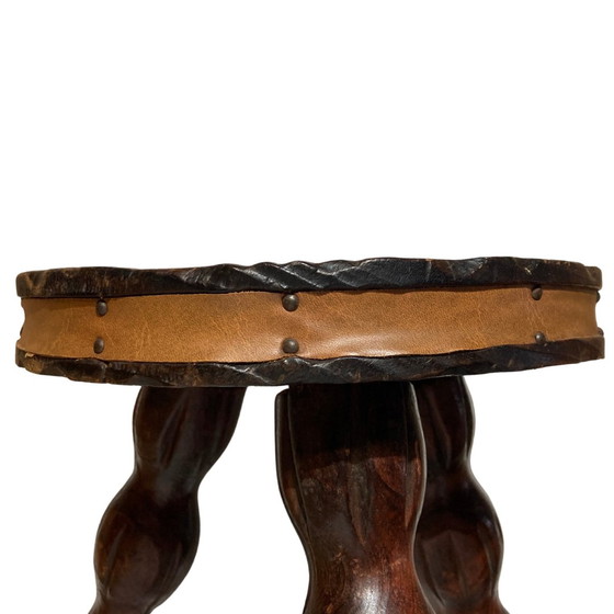 Image 1 of Brutalist Oak Tripod Wabi Sabi Stool With Leather Trim, France, 1960S