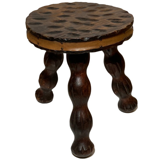 Image 1 of Brutalist Oak Tripod Wabi Sabi Stool With Leather Trim, France, 1960S