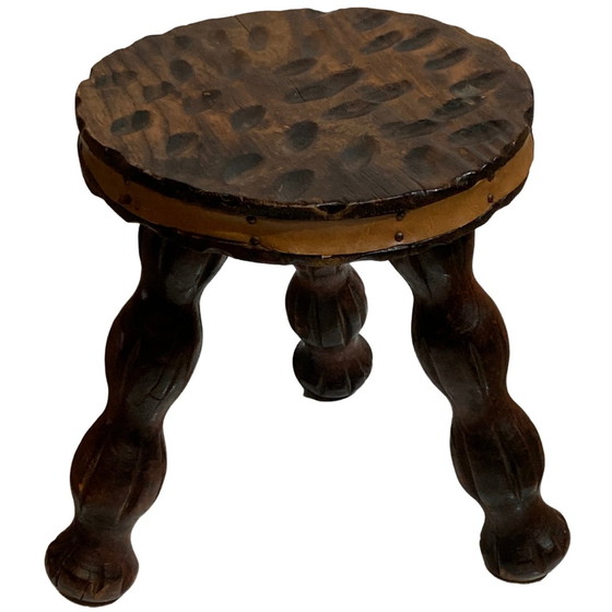 Image 1 of Brutalist Oak Tripod Wabi Sabi Stool With Leather Trim, France, 1960S