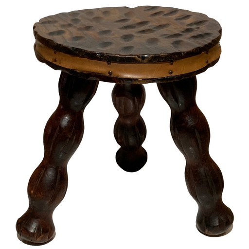 Brutalist Oak Tripod Wabi Sabi Stool With Leather Trim, France, 1960S