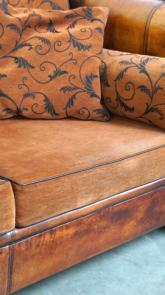 Image 1 of 2.5 Seater sheep leather sofa with fabric cushions in English style