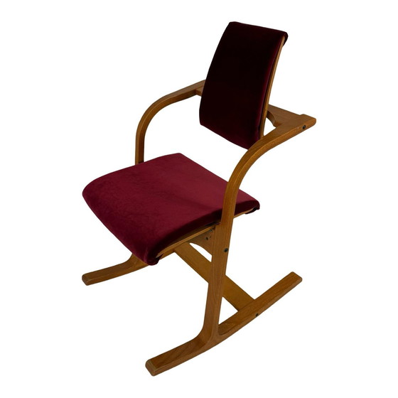 Image 1 of Peter Opsvik - Stokke - Actulum - Ergonomically Shaped Rocking Chair - Red Upholstery And Wooden Frame - New Upholstery!