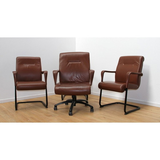 Image 1 of Set of 4 vintage office chairs by Poltrona Frau in black stained metal and brown leather