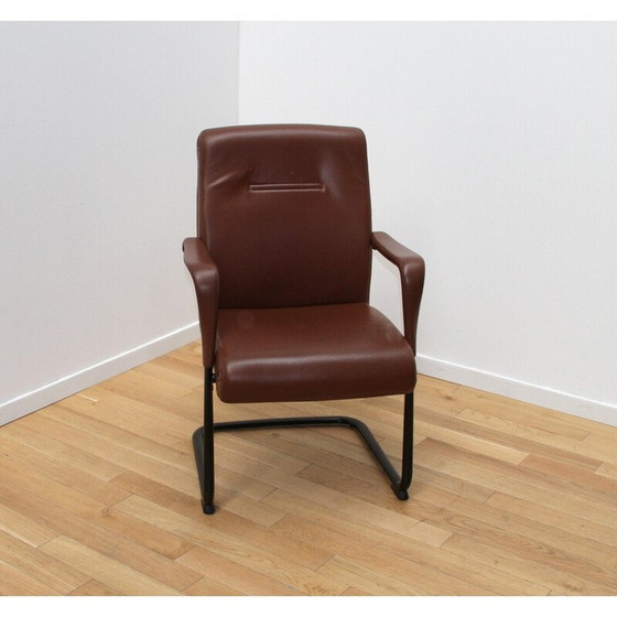 Image 1 of Set of 4 vintage office chairs by Poltrona Frau in black stained metal and brown leather