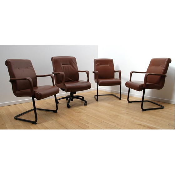 Image 1 of Set of 4 vintage office chairs by Poltrona Frau in black stained metal and brown leather