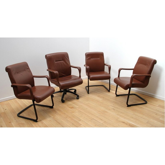 Image 1 of Set of 4 vintage office chairs by Poltrona Frau in black stained metal and brown leather