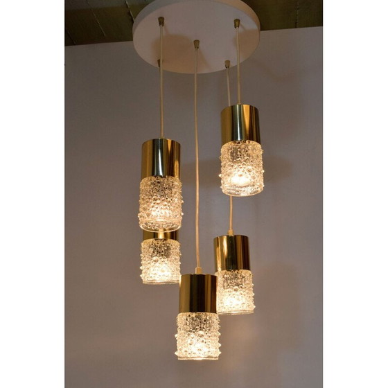 Image 1 of Pair of Chandeliers, vintage waterfall, 5 brass and glass hangers