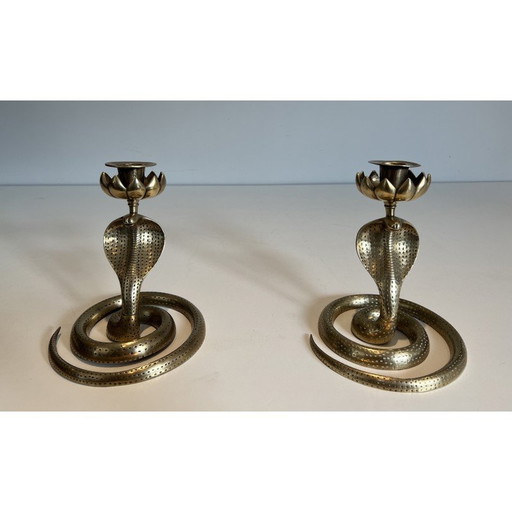 Pair of vintage cobra candlesticks in chased bronze, France 1940