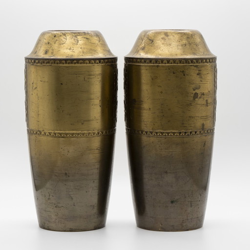 Rare Pair Of Vintage Wmf Brass Vases Floral Relief Design Art Nouveau Jugendstil