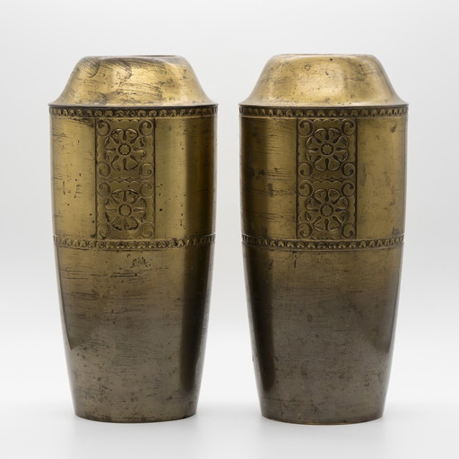 Rare Pair Of Vintage Wmf Brass Vases Floral Relief Design Art Nouveau Jugendstil
