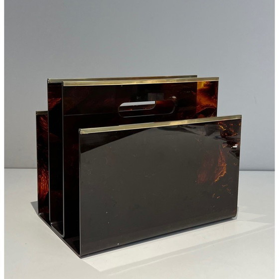 Image 1 of Vintage magazine rack in plexiglass and brass, France 1970