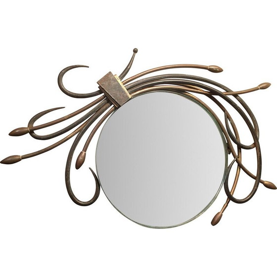 Image 1 of Specchio rotondo vintage circondato da piante metalliche