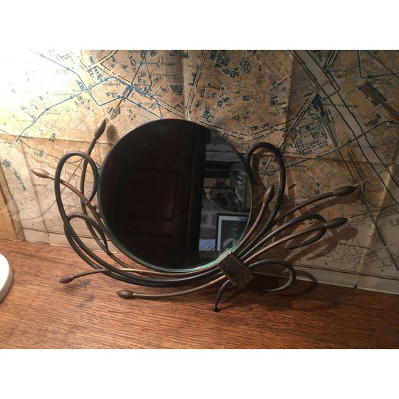 Image 1 of Specchio rotondo vintage circondato da piante metalliche