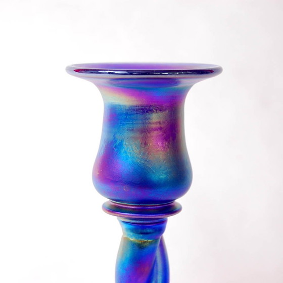 Image 1 of Blue Aurene Art Glass Candlestick 