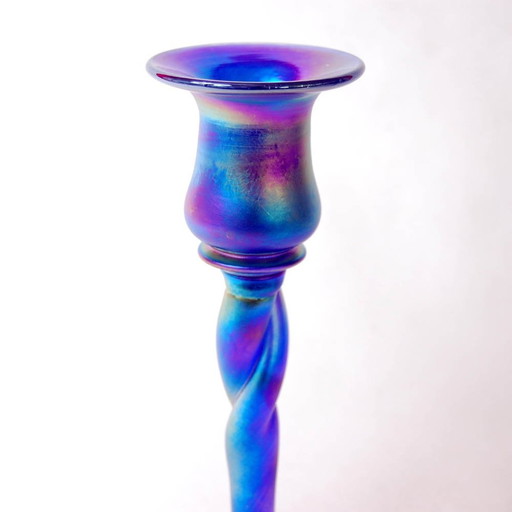 Blue Aurene Art Glass Candlestick 