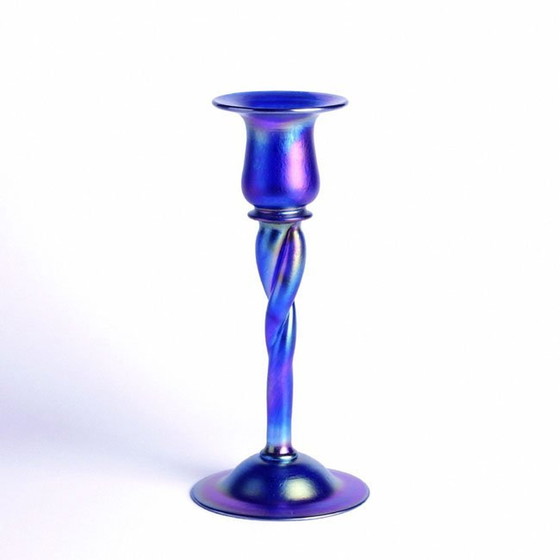 Image 1 of Blue Aurene Art Glass Candlestick 